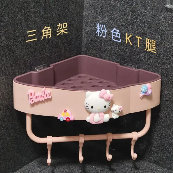 [해외]키티 도라에몽 욕실 코너선반 일자 드릴없이 캐릭터 강력접착 다용도 수납 모서리 틈새, Pink-Triangle-KT 다리