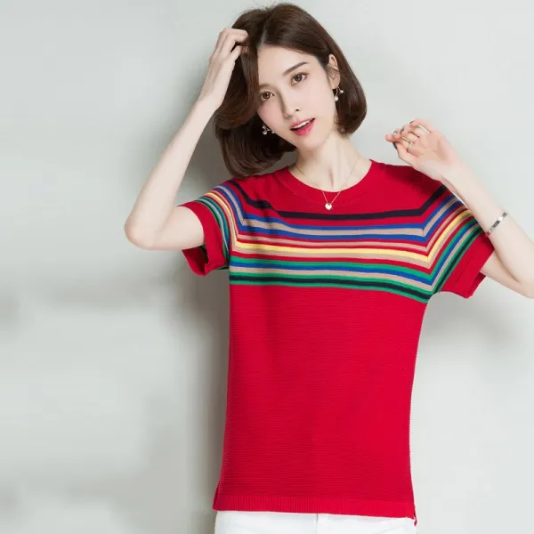 패션이루 여름 캐주얼 니트 티셔츠 스트라이프 여성 슬림 반팔
