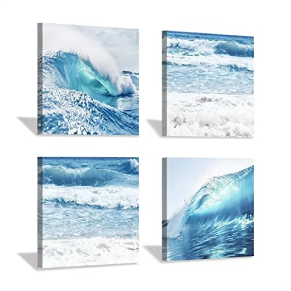 NMT 해안 해안선 캔버스 벽 예술 : 바다의 파도 삽화 인쇄 캔버스에 거실 (12 ''x 12 ''x 4 pcs) - P067407R3VSLVK3