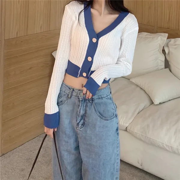 정면 충돌함 니트 숏가디건 가을옷 하이웨스트 크롭 슬림 긴소매 상의