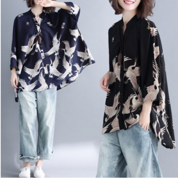 마마퀸 여성빅사이즈 학무늬패턴 차이나넥 루즈핏 와이드 쉬폰셔츠 빅사이즈셔츠블라우스