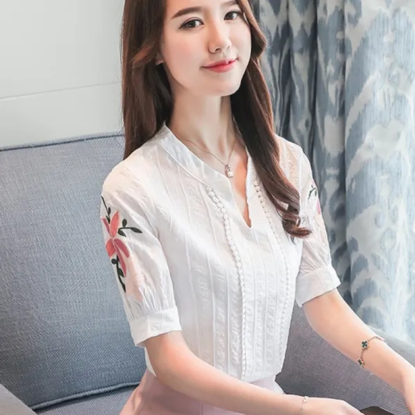 패션이루 면 반팔 블라우스 칠부 플라워 헨리넥 여성 여름HSJ