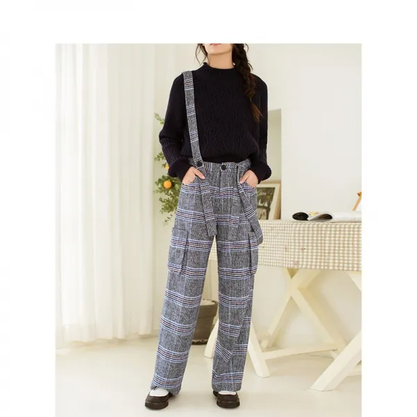 인먼 플래그십 체크 멜빵 여 가을 인런바람 뉴 빈티지 와이드 팬츠