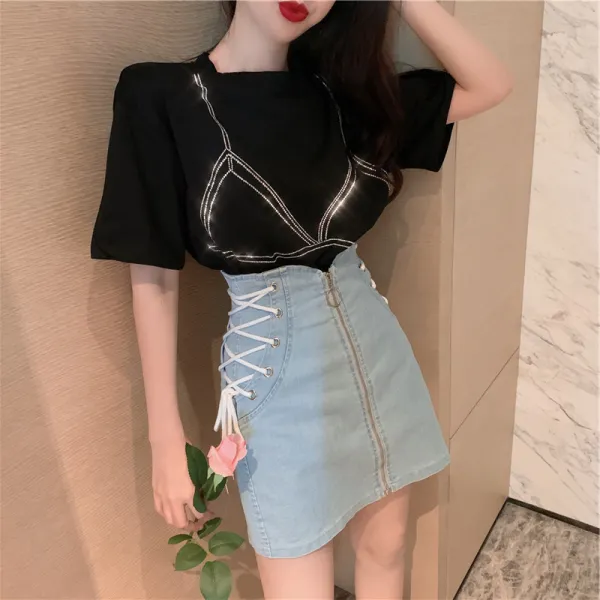 돈벼락몰 여름투피스세트 프렌치시크 빈티지데님스커트 자 작은 코디 키커 보이는 투수영복 여성