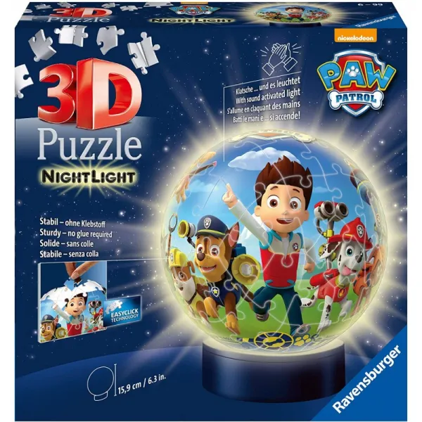 [독일 직배송] Ravensburger 3D 퍼즐 밤 빛 발 순찰 - 6 년에서 어린이를위한 퍼즐 공 험담 메커니즘 스누즈 빛LED 침대 옆, 단일옵션