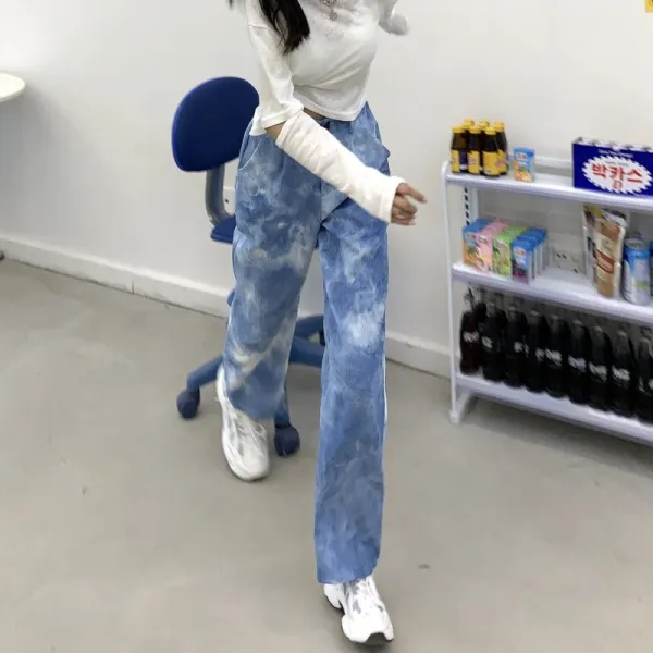 오리지널제작 일손 한 줄 가을스타일 특이한 홀치기염색 등공예 코르덴 하이웨스트 스트레이트핏 캐주얼바지