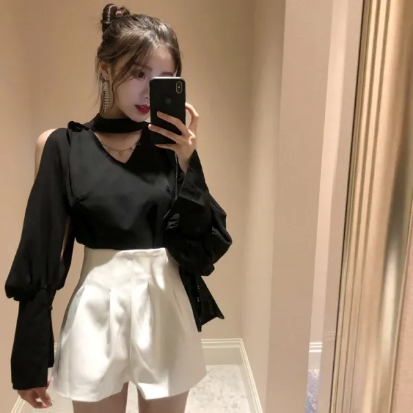 올데이퀸 여자 홀터넥 포인트 블라우스 셔츠 쇄골 상의 하트 디자인 감복기 오프숄더 소매 와