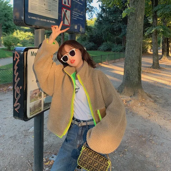 양털후리스 momo2019가을겨울 대비색상 램스울 숏스타일 코듀로이 재킷 글자 자수 캐쥬얼 활용성굿 외투