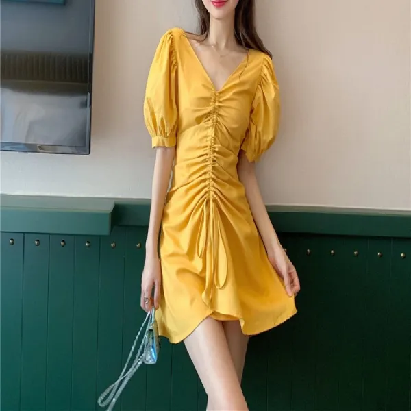 브이넥 여성 셔링 썸머 미니 원피스 반팔 나들이옷