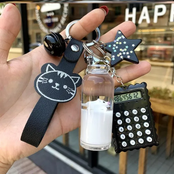 희희낙락 손톱깎이 귓속말함 숟가락 열쇠고리 할로윈데이 여자 친구에게선물 작은 돼지 투명 모빌 소원 보틀, 블랙 인조가죽 끈 _별 _컴퓨터 _화