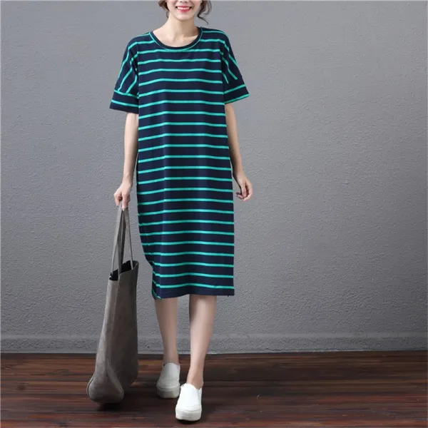 패션이루 면 스트라이프 미시 반팔 원피스 캐주얼 여름 오버핏