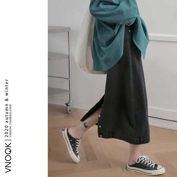 비너스월드 네이비스커트 VNOOKFW 데님스커트 여성 초 가을 클래식 와이드 루즈핏 뒤 버튼 슬릿 하프기장