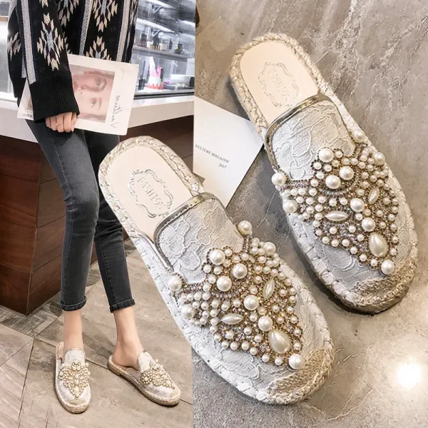 씨엔에이치 여자 여성 여름 진주 라탄 레이스 블로퍼 뮬 슬리퍼