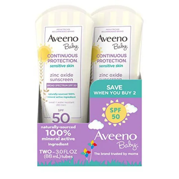 광범위한 스펙트럼 spf 50 3 유체온스(2팩)가 함유된 aveeno baby 연속 보호 아연 산화물 미네랄 자외선, 상세 설명 참조0, 상세 설명 참조0