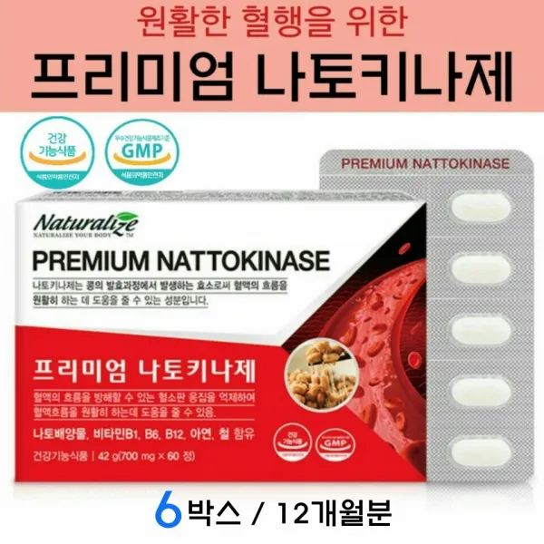 내츄럴라이즈 나토키나제 낫또 종균 낫토균 HK 나토배양물 비타민B 아연 철분 일본 낫토키나제 나또 효능 혈액순환 영양제 혈행개선제, 6박스, 60정