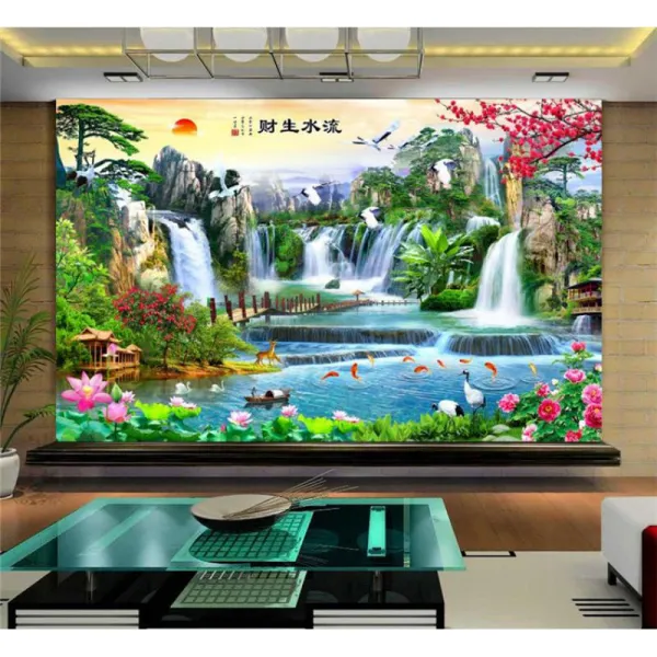 송 객 송 3d 입체적인 풍수 와 그림 3D 입체 벽지 중국 식 거실 텔레비전 배경 벽 벽지 5D 벽화 산수 풍경 영상 세트 [3D 틈새 없 음] 수입 캔버스 / 벽 지 + 전용 풀