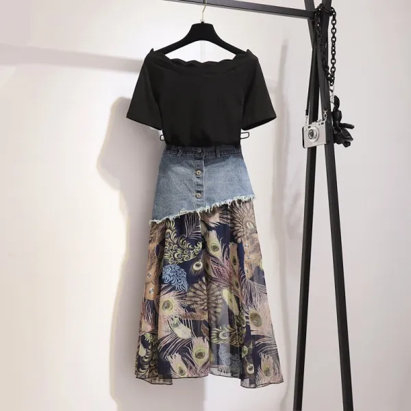 샵솔베이지 러블리 여름 미시 캐쥬얼 쉬폰 플라워 데님 투피스 M 3xl 스커트