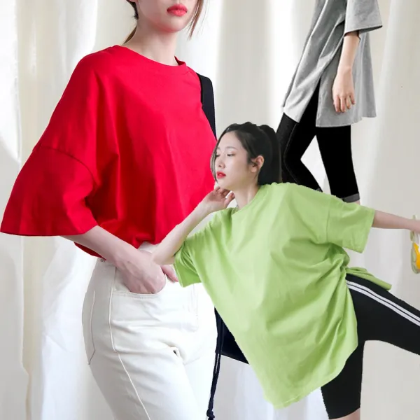 24데이즈 빅사이즈 여성 여름 면 무지 루즈핏 옆트임 반팔 티셔츠~2xl