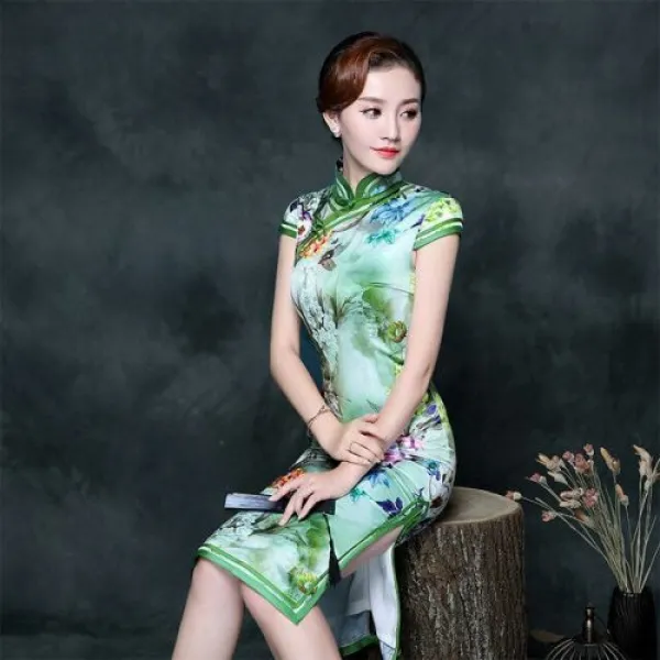 [해외] 패션 그린 인쇄 CHEONGSAM 현 CHINOISE 빈티지 드레스 QIPAO 동양 스타일 드레스 QI PAO 어 번체 류