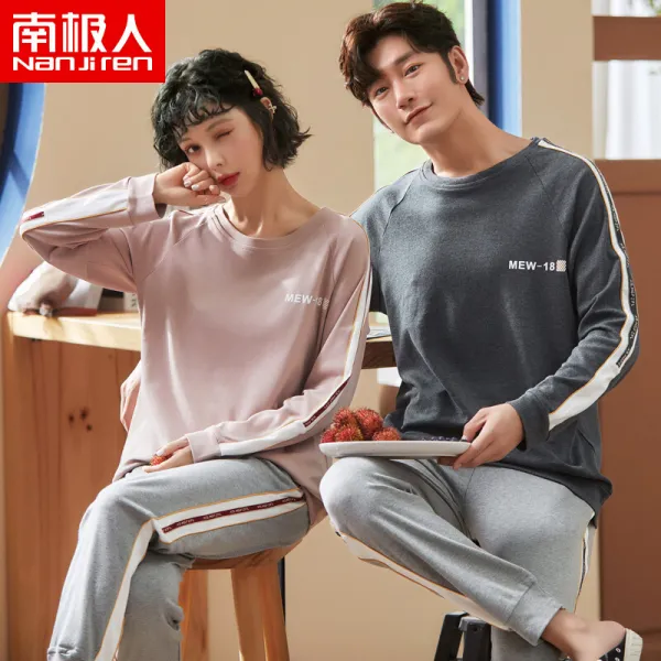 남극인 의 류 바지 투피스 달콤 한 커 플 홈 웨 어 세트 남자 잠옷 남 고급 회색 긴팔 토시 심 플 남자 홈 웨 어 남 친서 면 L