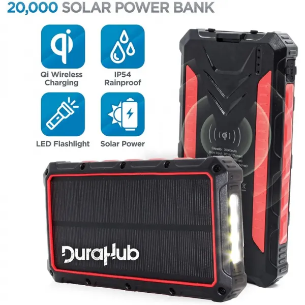 DuraHub-QI 무선 True 20000mAh 울트라 용량의 태양 광 발전 USB 배터리 뱅크-견고성 휴대 성 방수성-4 개의 충전 포트 + L, 단일옵션, 단일옵션