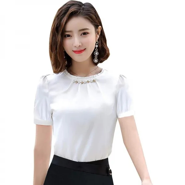 레데이스 반소매 셔츠 새틴 직물 캐주얼 셔츠 출근 면접 구직자 입학 졸업식 결혼식 어머니의 선물 (흰색