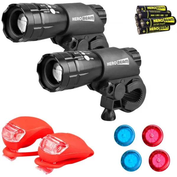 Herobeam 자전거 불빛 더블 세트 그 궁극적인 조명 그리고 안전 팩 의 잘 하는 군요 밝은 전면 불빛 꼬리 바퀴 포함한다 모든 배터리 5 올해 보증