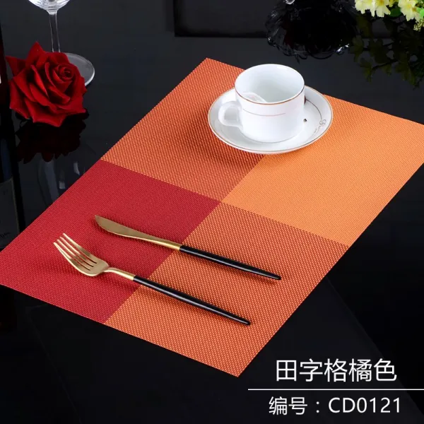 트레이빙 방수테이블커버 PVC 식탁보 테이블보 뜨겁다 테이블패드 방지 노르딕 식사함 단열패드 서양 요리 초등학생 접시, 논밭 글자의 격자 귤색