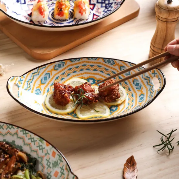 사리보헤미안 어반 가정용 생선찜 접시 아이디어 큰 접시 그물 빨간 접시 두 귀 도자기 접시 녹색 오렌지 혼자 들어오다, 푸르고 노랗다