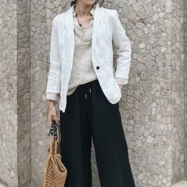 봄여름신상여 빈티지 빅 슬림 v넥 린넨 긴팔 정장 외