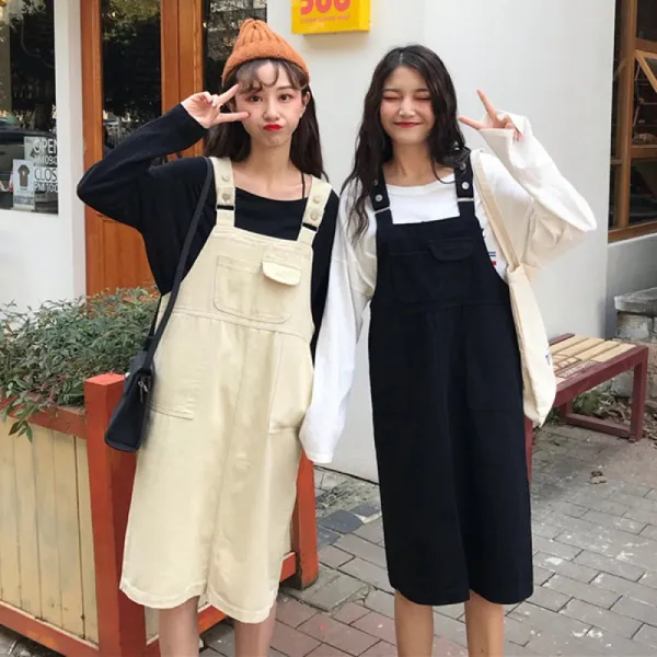 비밀의성 멜빵치마 캐주얼 트윈룩 오버핏 데일리 원피스 (3color)