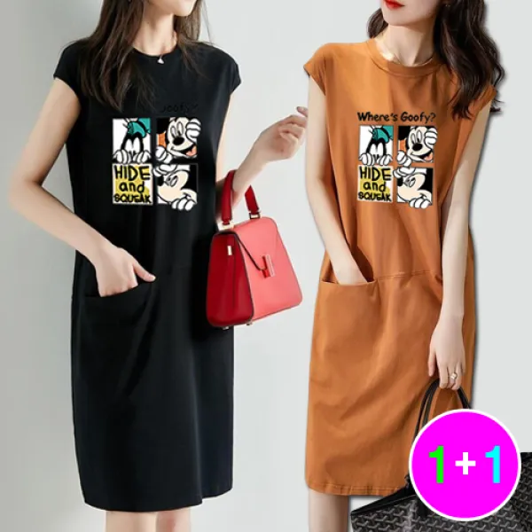 [ 1+1 ] 표시나 숨바꼭질 캐릭터 프린팅 오버핏 여성 나시 민소매 빅사이즈 롱티셔츠 원피스