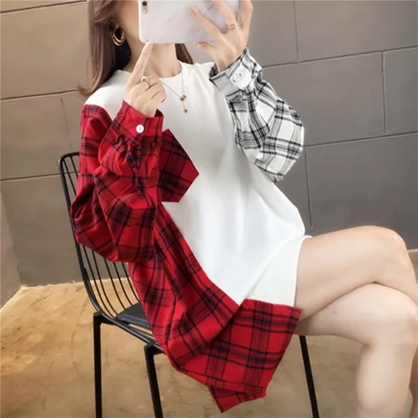 style시대 A1889 여성 춘추 체크무늬 티 셔츠 하프롱 루즈핏 맨투맨 빅사이즈 후드티