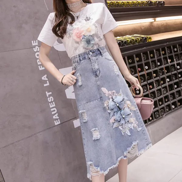 TMALL 해외직구여성스커트자수청치마데님미디스커트Q2921