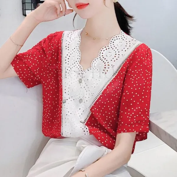 kirahosi 여성 도트 반팔 티 블라우스 상의 캐주얼 257호 + 덧신 증정 BV8hqnvl