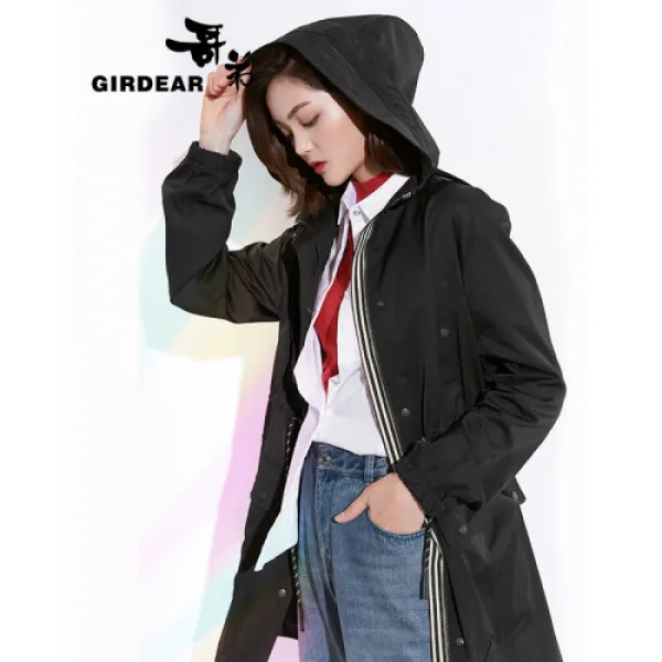고제여장 2019 추동 신형 직통 지퍼 중장 후드 긴팔 코트 여성 840042 블랙 S(2야드)(6)