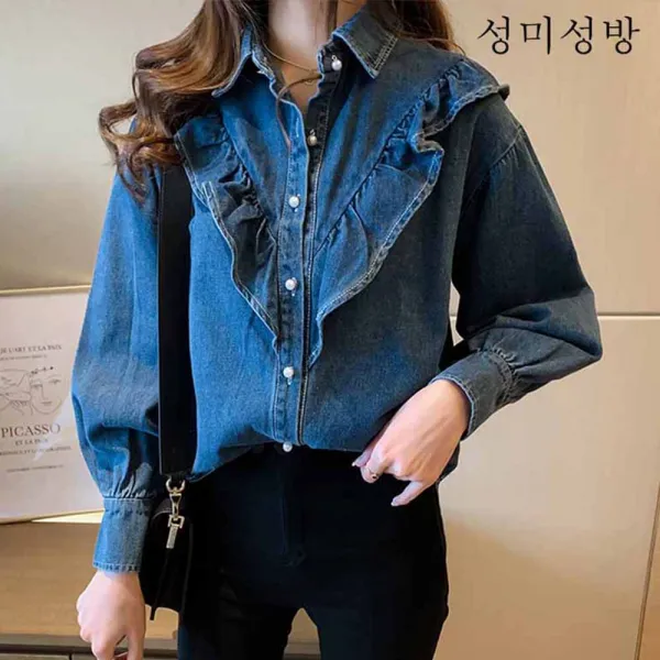 성미성방 블라우스 여 디자인 소중추 2019년 빈티지 항구 느낌의 루즈핏 긴팔 셔츠 패션X01