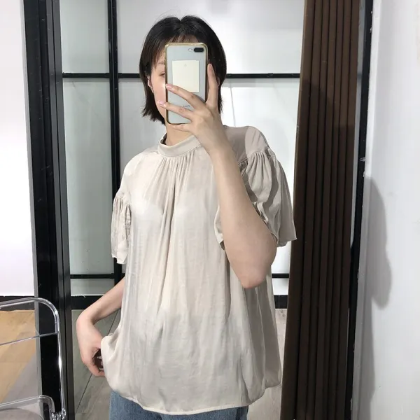 하오타오 상의 식체 점풍 칸 광택감 솔리드 무지 나팔 소매 저고리