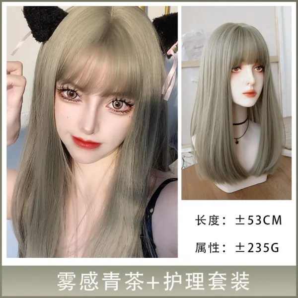 여성 장발 LOLITA 일자뱅 데일리 핍진 통머리 애니메이션 COSPLAY 그린 정수리가발, 1, 무감각 청 티 색깔 _트리트먼트 커버