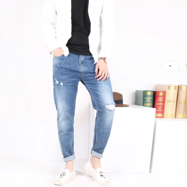 연한청바지 가을 슬림 스판 스키니진 히든 뒷주머니 숏 대미지 트리밍 남자 워싱