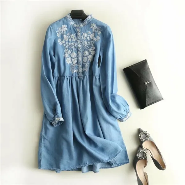 Dipylon 여성 데님 청치마 원외무역 차이나넥 꽃자수 셔링 허리가 날