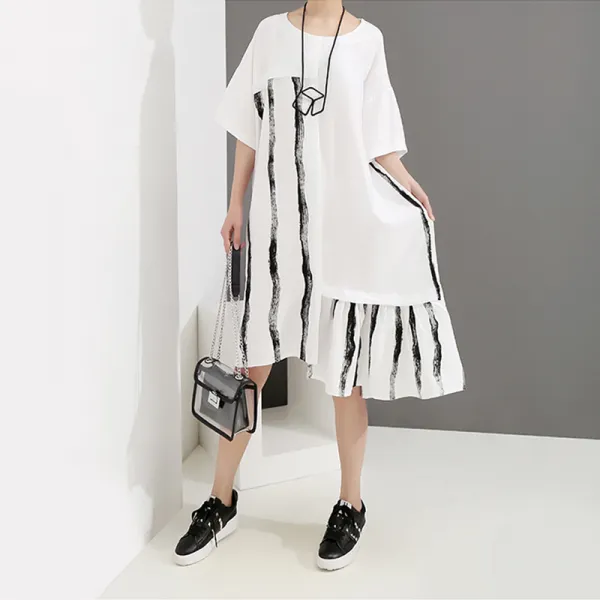 패션이루 러플 쉬폰 원피스 언발 미시 롱 라운드넥 박시 오버핏