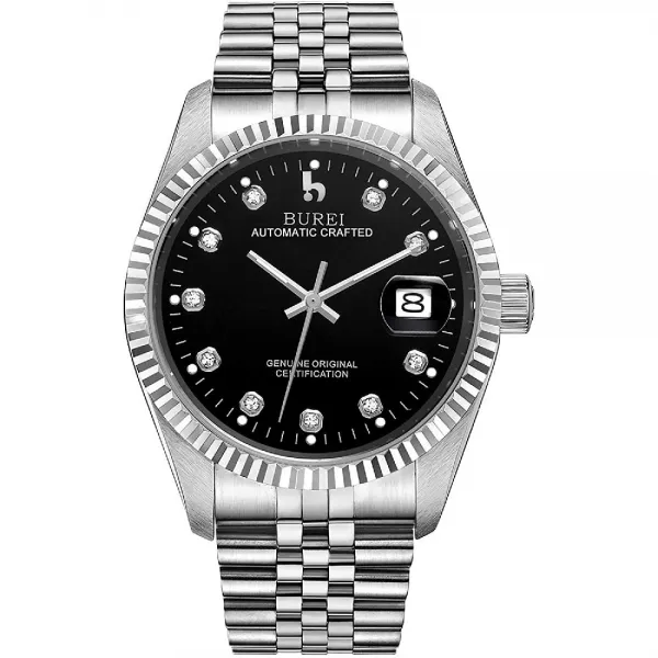 Brand: BUREI 사파이어 크리스탈 라인 석 마커와 BUREI 남성 고급 자동 시계 날짜 표시