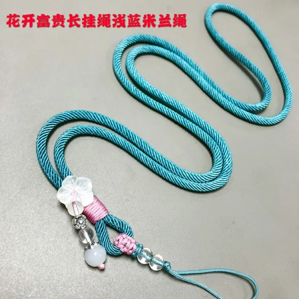 핸드폰줄 적용 핸드메이드 라탄 롱 타입 거치 스트랩 튼튼한 견고 사원증 해먹줄 통용 여성 기울다 4890410271, 블로섬 부귀 롱 라이트블루 색 로프