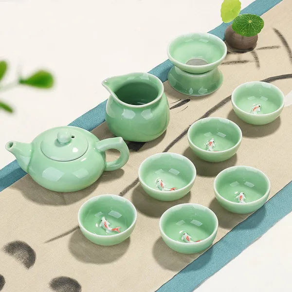 디어 청자 어류 찻잔 음미 도자기 쿵푸 다기 가정용 주인 잔 차 개인 간략 10건커버 티팟 매실 청년 년있는 물