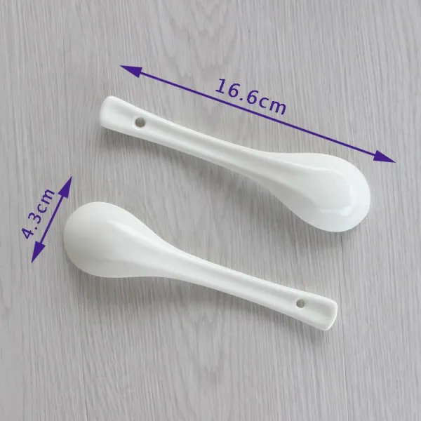 순백색 긴 자루 도자기 가정용 숫가락 호텔 연장 수프를조절 골자기 티스푼 16CM 10개 포장, 5개입