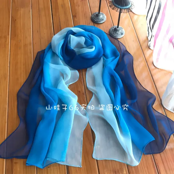 머플러 여성 스카프 봄여름 가을 소프트 조젯 비단스카프 블루 그러데이션색 체형 레이스스카프 배색