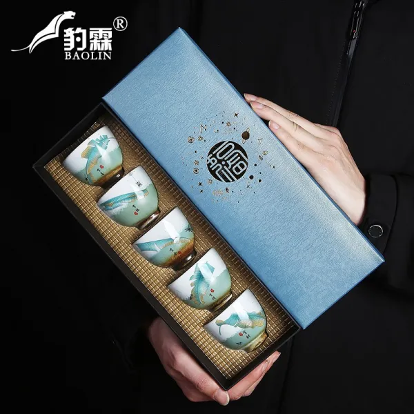 주인 싱글 차를 음미하는 궁푸차 차한잔 도자기 숏 학 스위스 상서로운 조짐을 나타내다 행복 오행 컵 4877045573, 컵세트 -오복이 찾아오다 5개입 -퀄