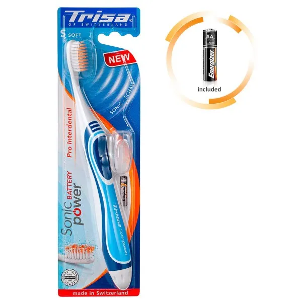 TRISA Sonic Power Pro 치 간음 소리 배터리 포함 파란색 / 검정색으로 특히 효율적인 치과 치료를위한 부드러운 전동 수동 칫, 단일상품