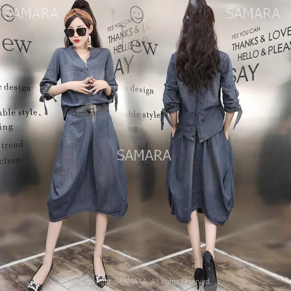 Qterra 특허브랜드 P190320482 여자 데님 투피스 패션 멋스러 기질